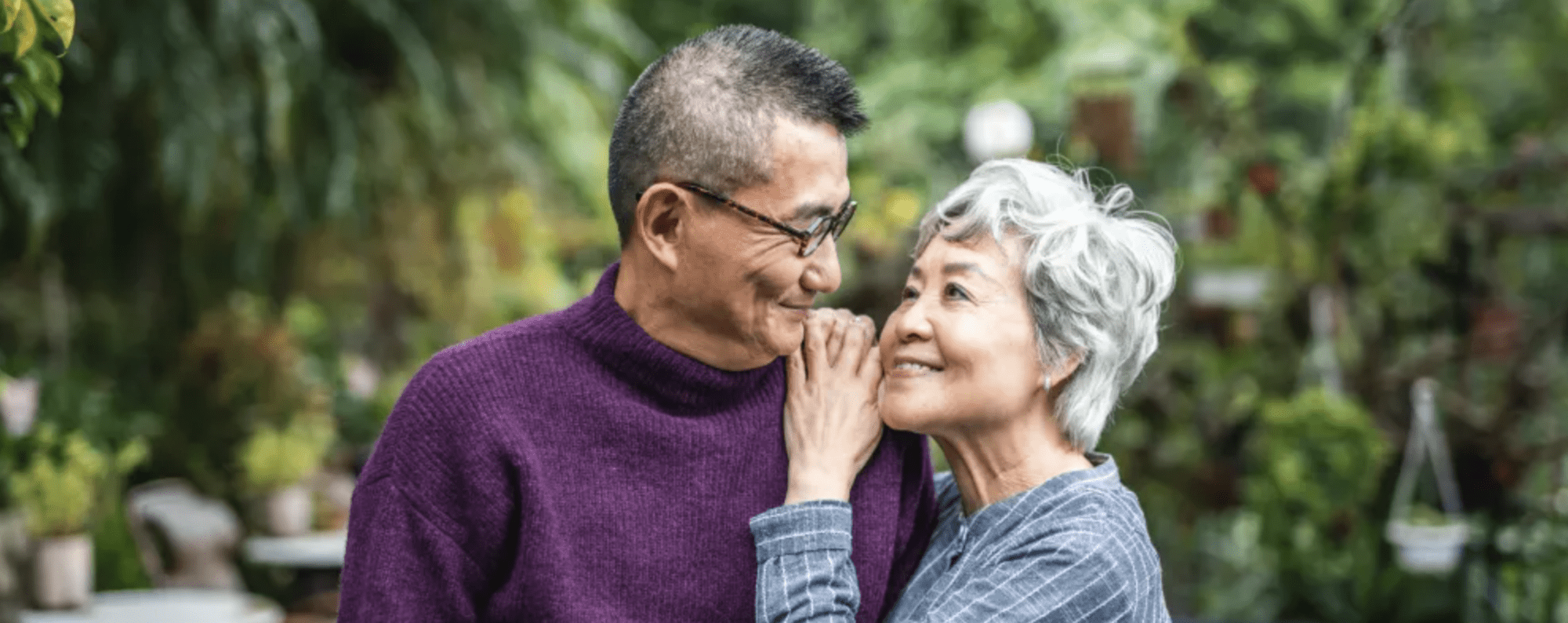 Senior Asian Couple in purple sweater and checked shirt